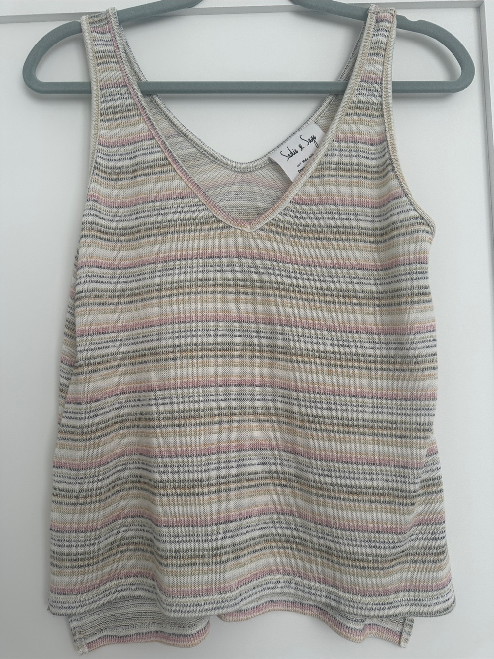 Sadie & Sage Cream Striped V-Neck Knit Tank with Pink and Gray Accents